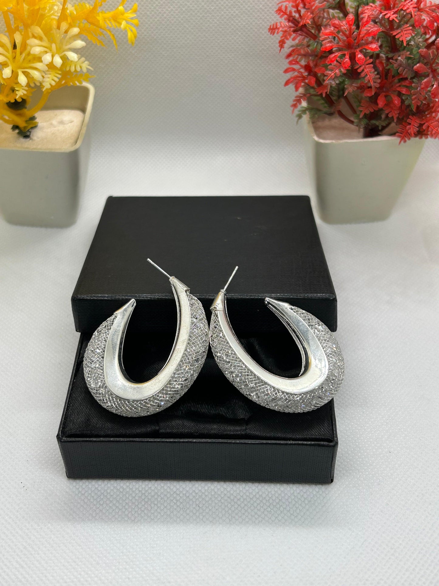 Cross Net Crystal Stones Stainless Steel Hoops