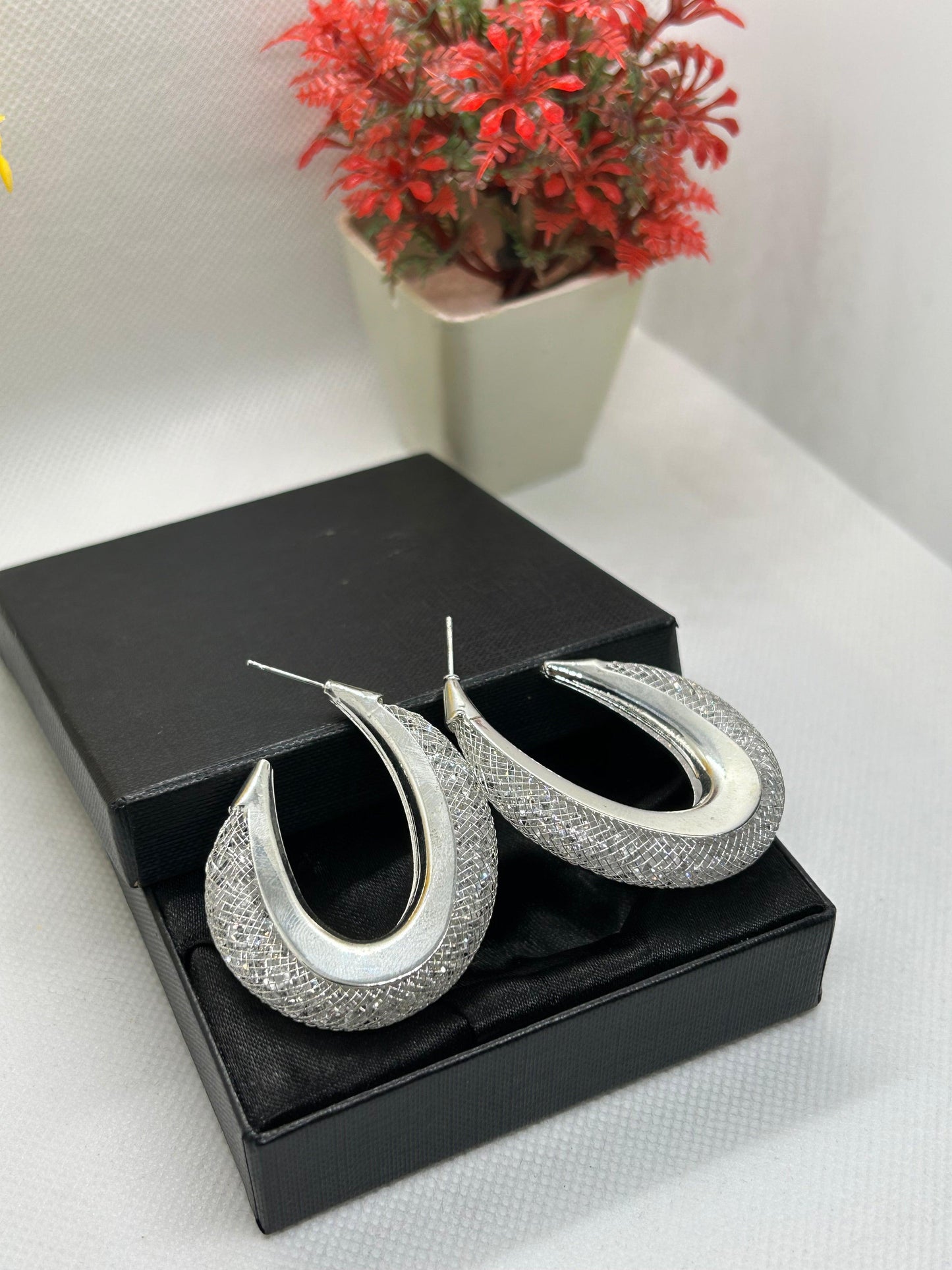 Cross Net Crystal Stones Stainless Steel Hoops