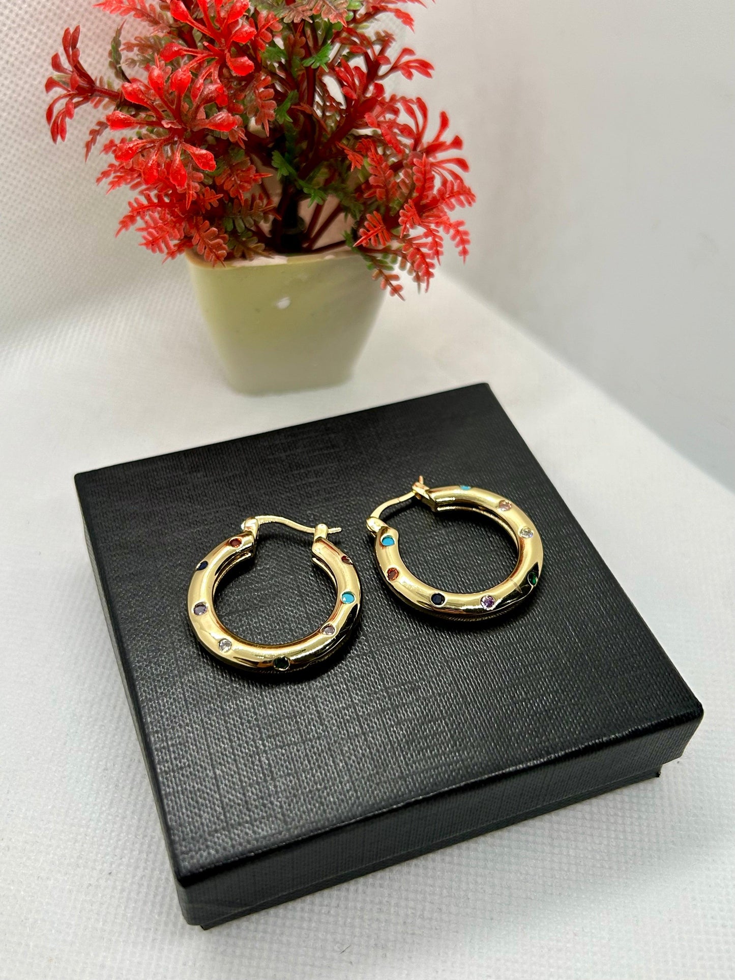 Multi Embeded Stones Stainless Steel Hoops