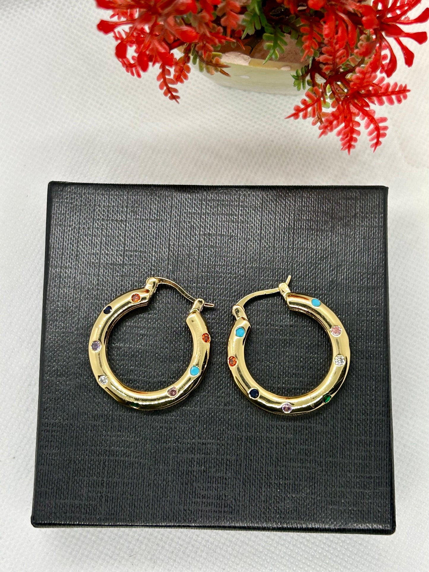 Multi Embeded Stones Stainless Steel Hoops