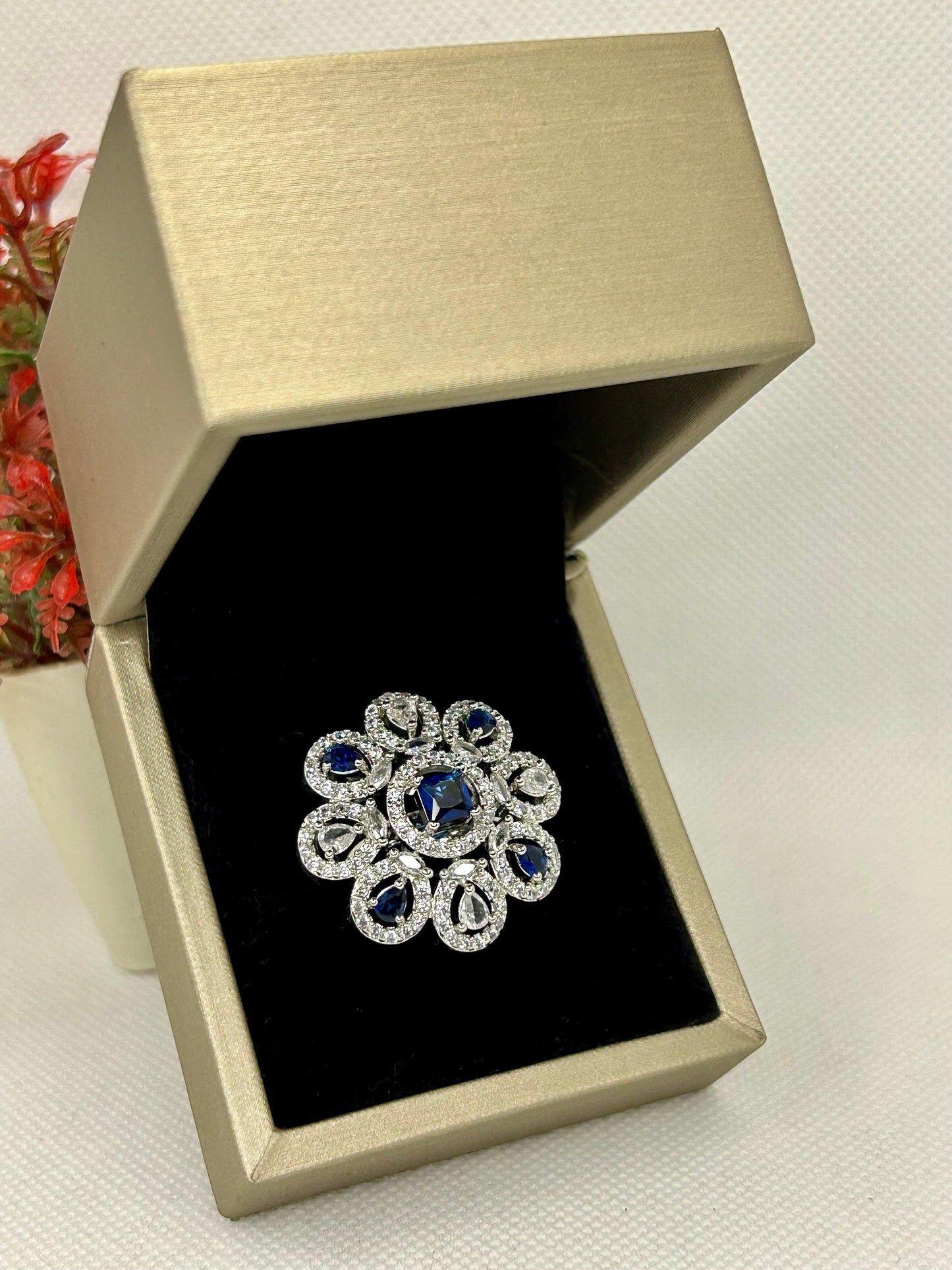 Floral Petal Zircon Stones Silver Carat Ring