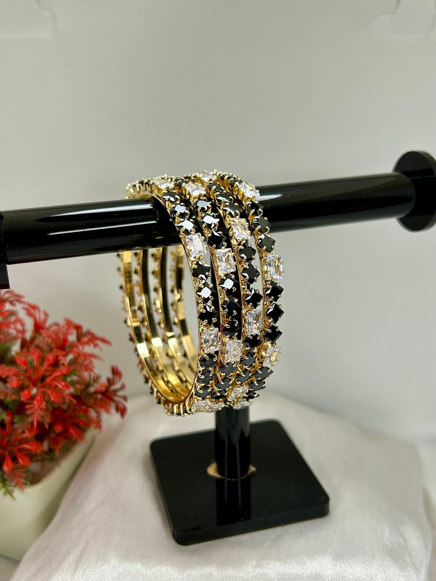 Zircon Stones Black Gold Polish Bangles Set