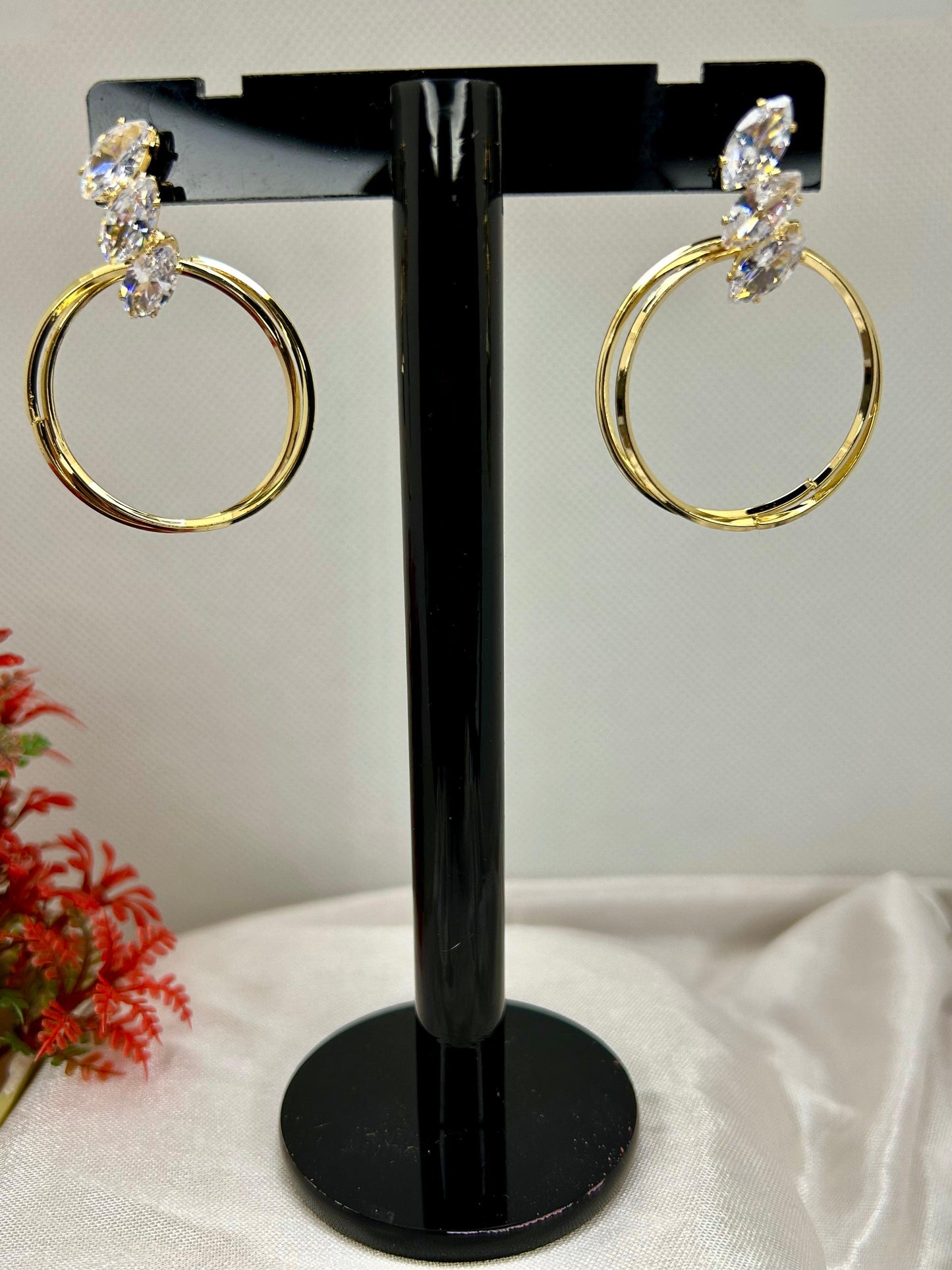 Circle Stainless Steel Crystal Leaf Earrings