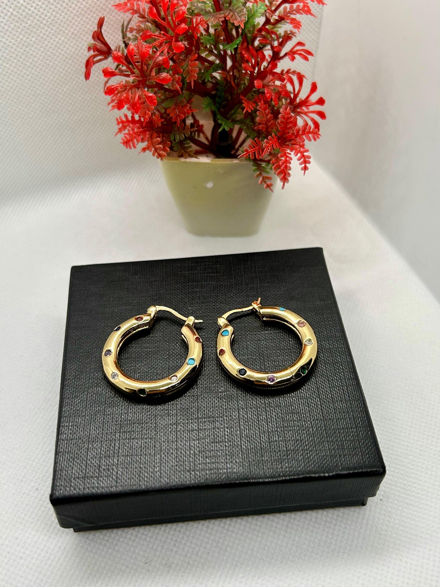 Multi Embeded Stones Stainless Steel Hoops