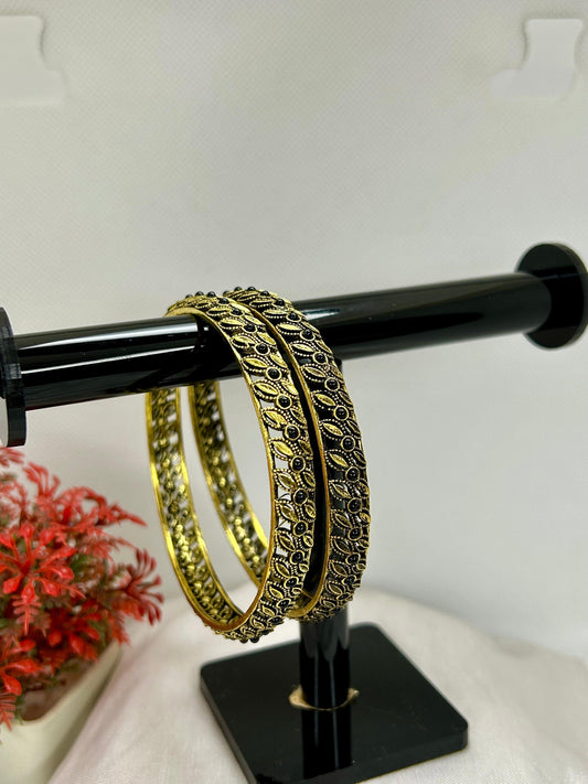 Pair of Gold Look Stainless-Steel Bangles with Leafy Pattern