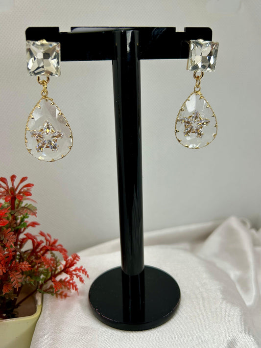 Mirror White Stone with Flower Embedded Earrings