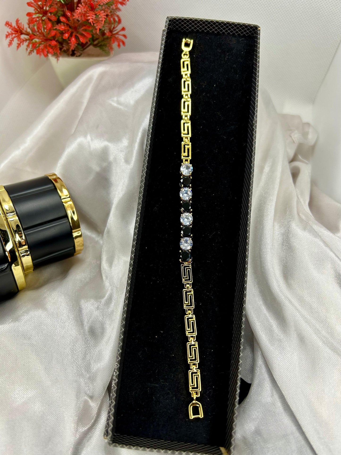 Versace Pattern with Zircon Stones Stainless Steel Bracelet